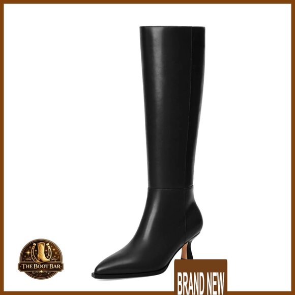 Knee High Boots Kitten Heel Faux Leather Pointed Toe Side Zipper Tall Boots
